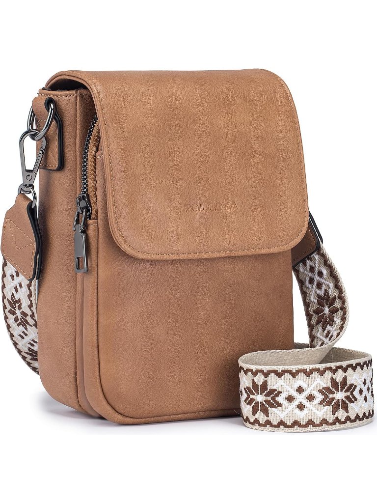 Poiugoya Women's Tan Leather Small Triple Compartment Cell Phone Crossbody Bags
